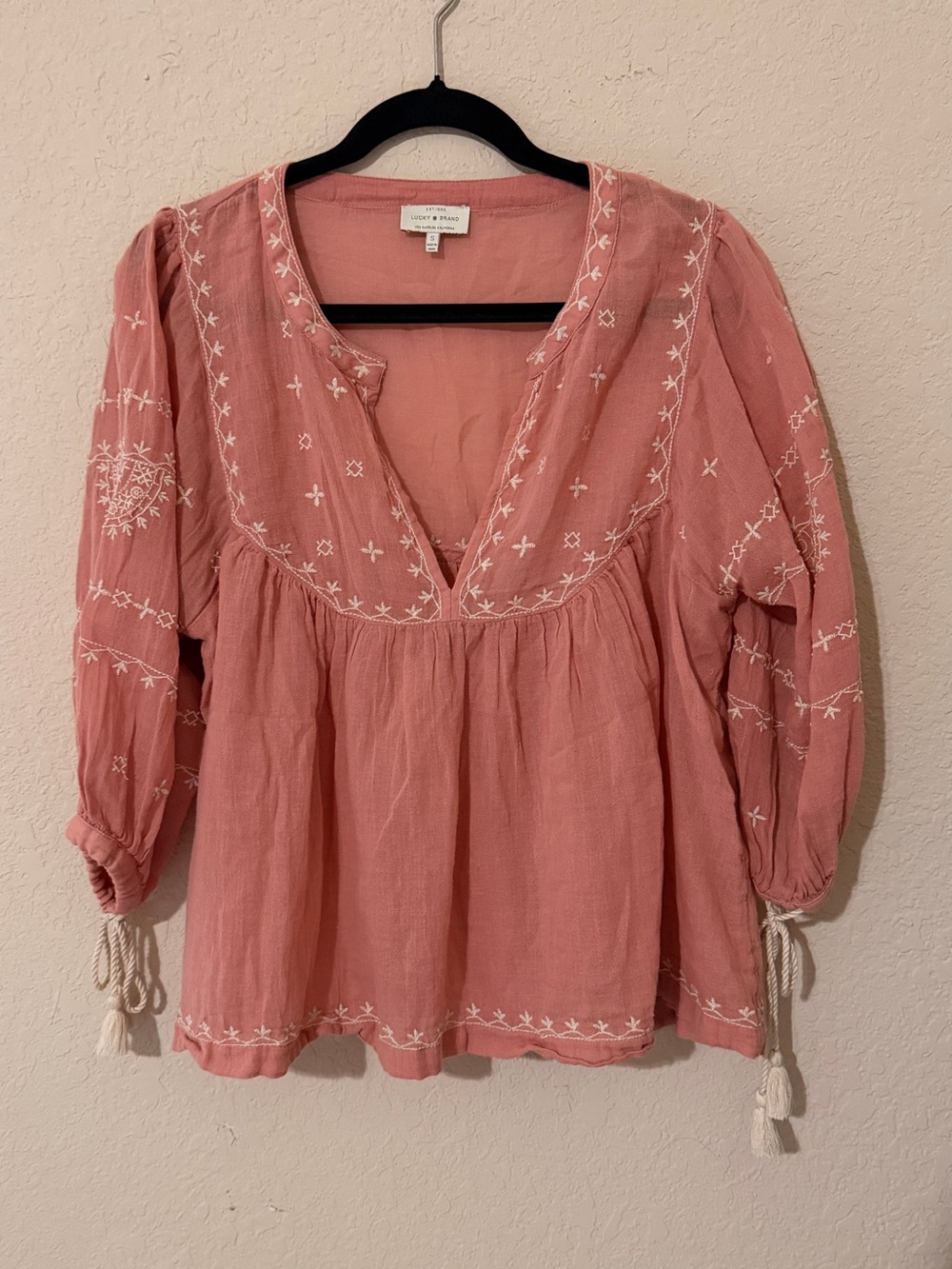 Lucky Brand Salmon Embroidered Peasant Top